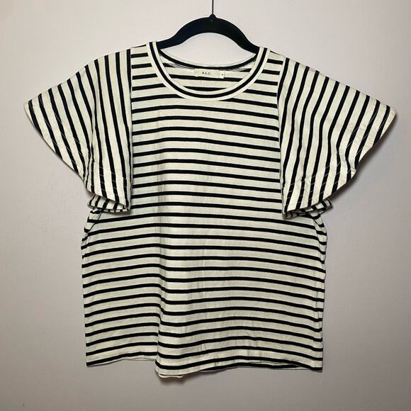 A.L.C. Women's size Medium Black White Stripe Ruffle Short Sleeve Carrie Shirt - Picture 2 of 9